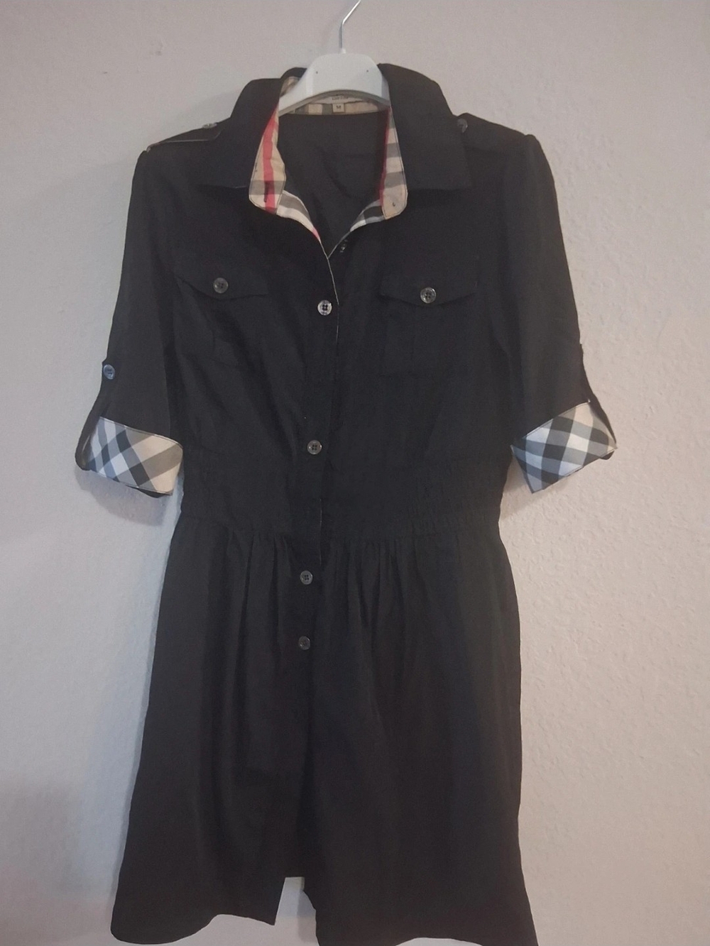 Burberry Black Shirt Dress with Contrast Plaid Trim